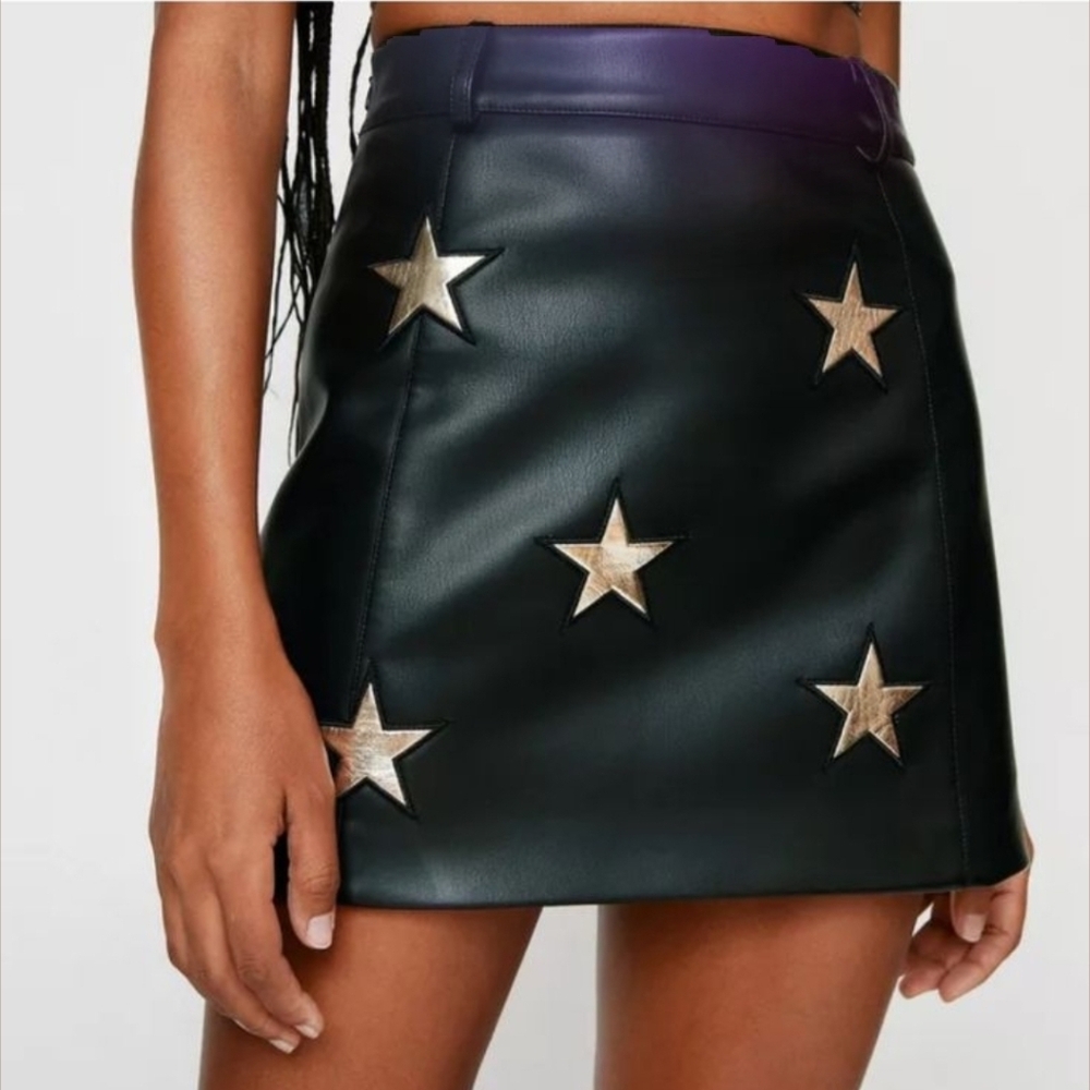 Nasty Gal Faux leather black skirt with silver starsSize 8